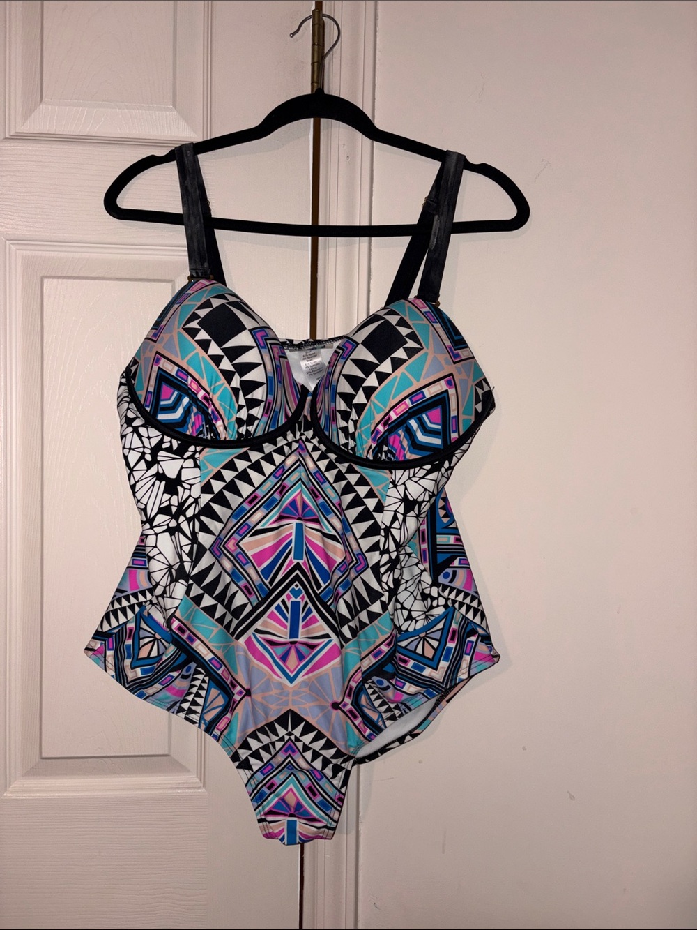 Swimsuits For All Geometric One-Piece Swimsuit in Black, White, Aqua & Pink